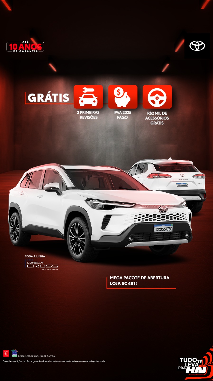 Toyota Corolla Cross XRE com 10 anos de garantia, SUV compacto e eficiente, ideal para quem busca conforto, tecnologia e segurança. Design moderno, tração 4x2, excelente consumo de combustível e alta confiabilidade, a escolha perfeita para viagens e uso d